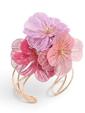 💕▪️Piper K ▪️pink 3D Flower Corsage Wire Cuff Blossom Glass Stone Bracelet